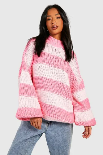 Womens Petite Oversize Chunky Knit Stripe Jumper - Pink - S, Pink