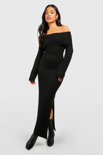 Womens Petite Oversized Bardot Neckline Knitted Maxi Dress - Black - 14, Black