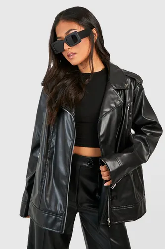 Womens Petite Oversized Faux Leather Biker Jacket - Black - 6, Black