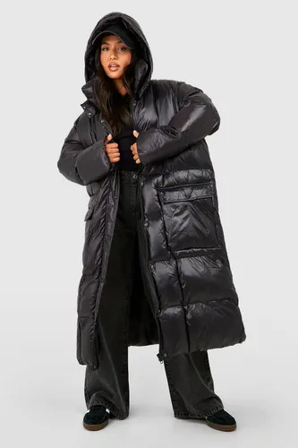 Womens Petite Oversized Hooded Square Quilt Detail Maxi Puffer - Black - 6, Black