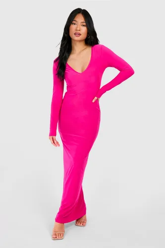 Womens Petite Plunge Neck Slinky Maxi Dress - Pink - 10, Pink