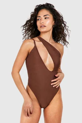 Womens Petite Plunge One Shoulder Swimsuit - Brown - 6, Brown
