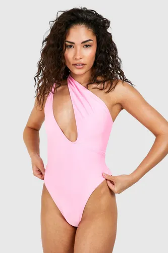 Womens Petite Plunge One Shoulder Swimsuit - Pink - 6, Pink