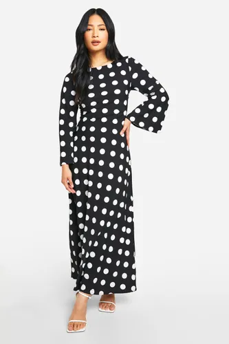 Womens Petite Polkadot Print Flare Sleeve Maxi Dress - Black - 6, Black