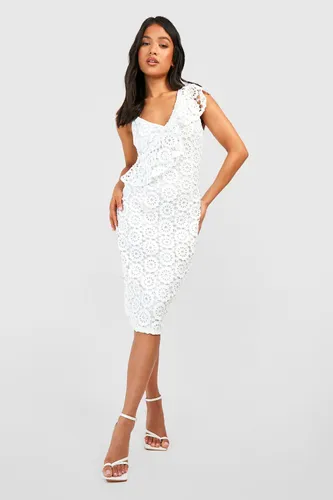 Womens Petite Premium Lace Asymmetric Ruffle Midi Dress - White - 12, White