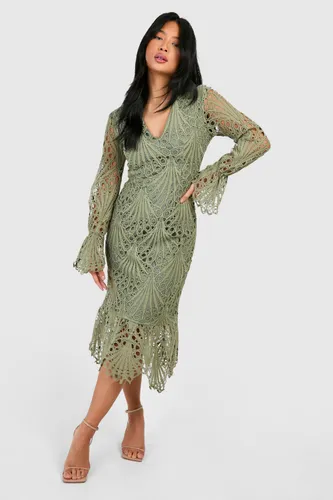Womens Petite Premium Lace Plunge Front Midaxi Dress - Green - 8, Green