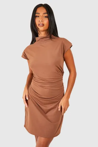 Womens Petite Premium Matte Slinky Shoulder Pad Mini Dress - Brown - 12, Brown
