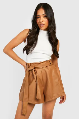 Womens Petite Pu Paperbag Waist Shorts - Brown - 4, Brown