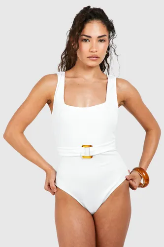 Womens Petite Ribbed Square Neck Tummy Control Swimsuit - White - 6, White