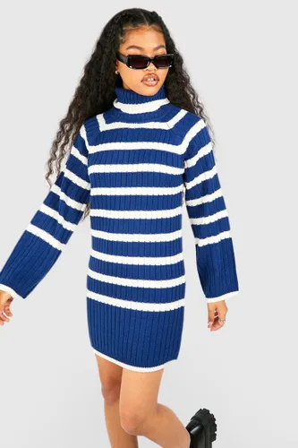 Womens Petite Roll Neck Wide Sleeve Stripe Jumper Dress - Navy - S, Navy
