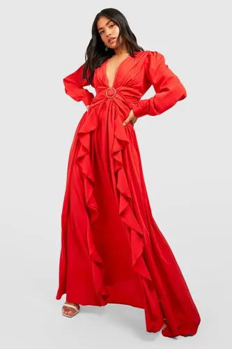 Womens Petite Ruffle Belted Maxi Dress - Red - 6, Red