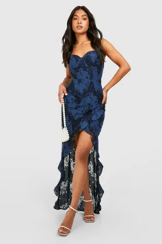 Womens Petite Ruffle Detail Lace Trim Maxi Dress - Blue - 14, Blue