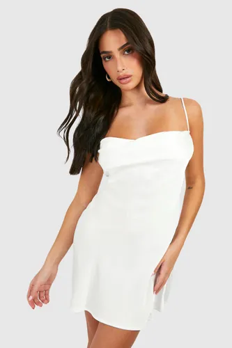 Womens Petite Satin Cowl Mini Slip Dress - White - 10, White