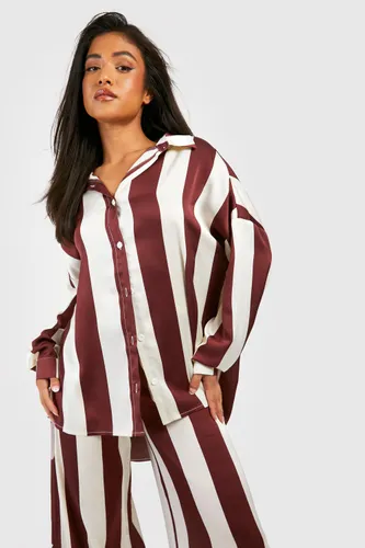 Womens Petite Satin Stripe Oversized Shirt - Brown - 6, Brown