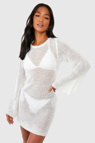 Womens Petite Sequin Crochet Flare Sleeve Mini Dress - White - Xl, White