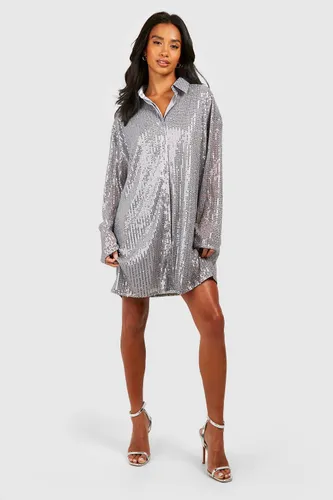 Womens Petite Sequin Shirt Dress - Grey - 4, Grey