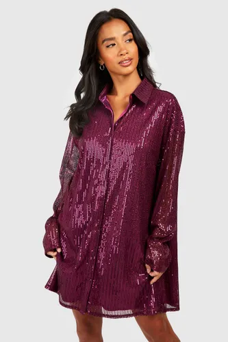 Womens Petite Sequin Shirt Dress - Purple - 4, Purple