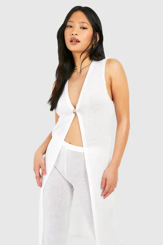 Womens Petite Sheer Knit Long Line Cardigan - White - S, White