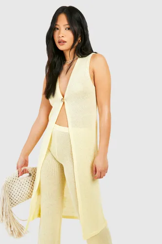 Womens Petite Sheer Knit Long Line Cardigan - Yellow - Xs, Yellow