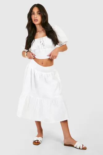 Womens Petite Shirred Waistband Woven Midi Skirt - White - 6, White