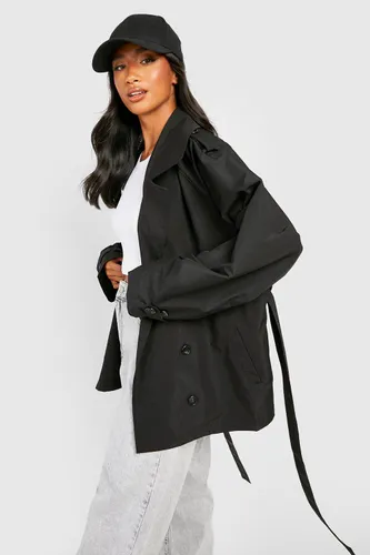 Womens Petite Short Belted Trench Coat - Black - 6, Black