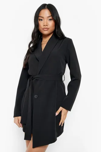 Womens Petite Shoulder Pad Wrap Belted Blazer Dress - Black - 8, Black