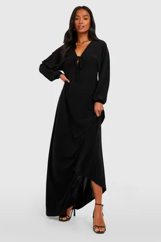 Womens Petite Slinky Plunge Tie Front Column Maxi Dress - Black - 12, Black