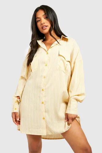 Womens Petite Stripe Pocket Detail Oversized Shirt Dress - Yellow - 6, Yellow