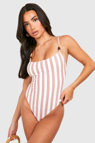 Womens Petite Stripe Print Strap Detail Swimsuit - Cream - 6, Cream