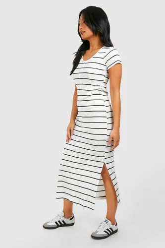 Womens Petite Stripe Rib Midaxi Dress - White - 8, White