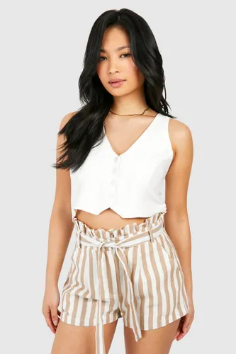 Womens Petite Striped Paperbag Waist Shorts - White - 6, White