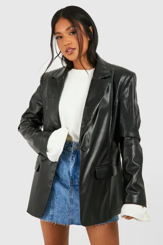 Womens Petite Tailored Faux Leather Blazer - Black - 8, Black