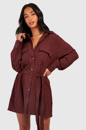 Womens Petite Textured Utility Belted Shirt Dress - Brown - 6, Brown