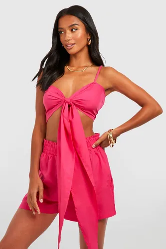 Womens Petite Tie Front Bralet & Short Co-Ord - Pink - 16, Pink