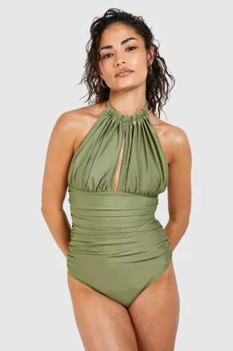 Womens Petite Tummy Control Ruched Halterneck Swimsuit - Green - 6, Green