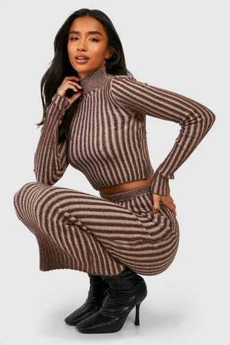 Womens Petite Two Tone Knitted Cropped Jumper - Brown - L, Brown