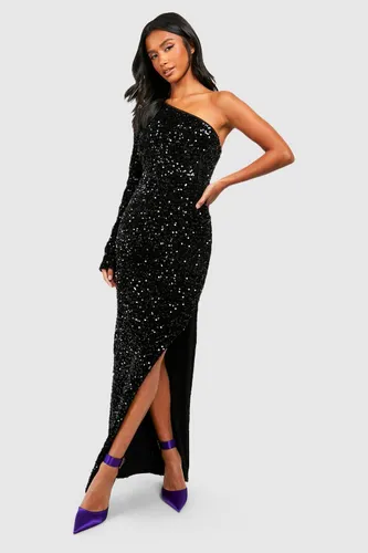 Womens Petite Velvet Sequin Asymmetric Maxi Dress - Black - 6, Black