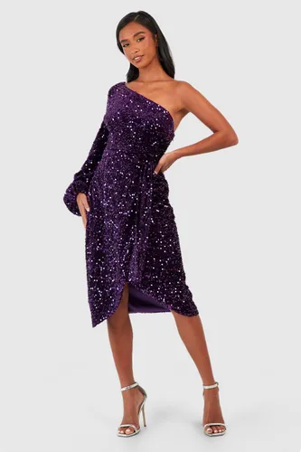 Womens Petite Velvet Sequin Asymmetric Wrap Midi Dress - Purple - 8, Purple