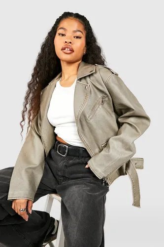 Womens Petite Vintage Faux Leather Oversized Biker Jacket - Grey - 6, Grey