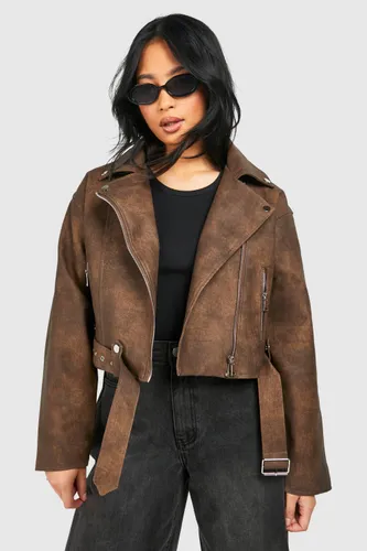 Womens Petite Vintage Look Faux Leather Biker Jacket - Brown - 6, Brown