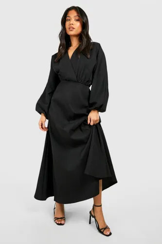 Womens Petite Volume Sleeve Wrap Maxi Dress - Black - 16, Black