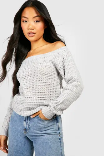 Womens Petite Waffle Knit Off The Shoulder Jumper - Grey - S, Grey