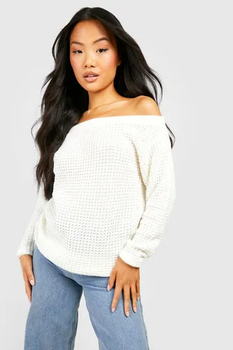 Womens Petite Waffle Knit Off The Shoulder Jumper - White - S, White
