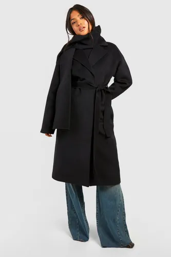 Womens Petite Wool Wrap Coat With Scarf - Black - 10, Black