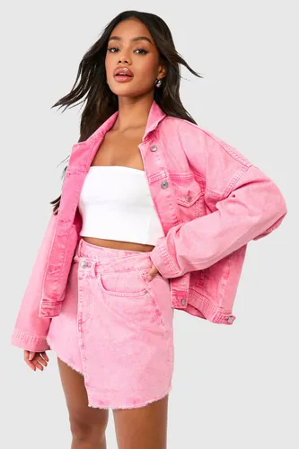 Womens Pink Acid Wash Wrap Denim Mini Skirt - 6, Pink