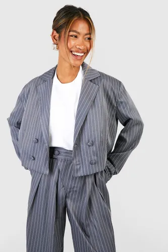 Womens Pinstripe Oversized Cropped Tailored Blazer - Grey - 12, Grey