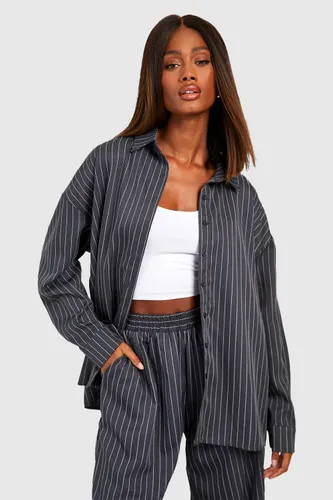 Womens Pinstripe Pocket Detail Relaxed Fit Shirt - Grey - 12, Grey