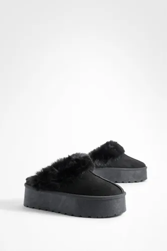 Womens Platform Fur Lined Cosy Mules - Black - 3, Black