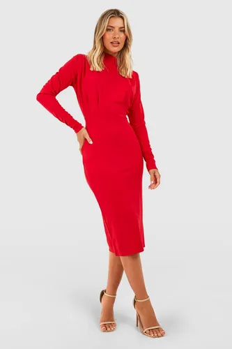Womens Pleat Detail High Neck Midi Dress - Red - 6, Red