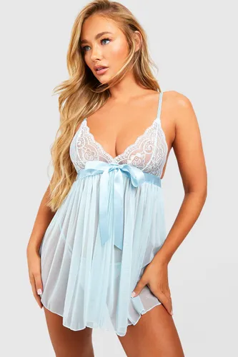 Womens Pleated Bow Babydoll & String Set - Blue - S, Blue
